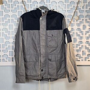 Nautica Mens Grey Navy Colorblock Hooded Field Jacket Cotton Parka Size Medium